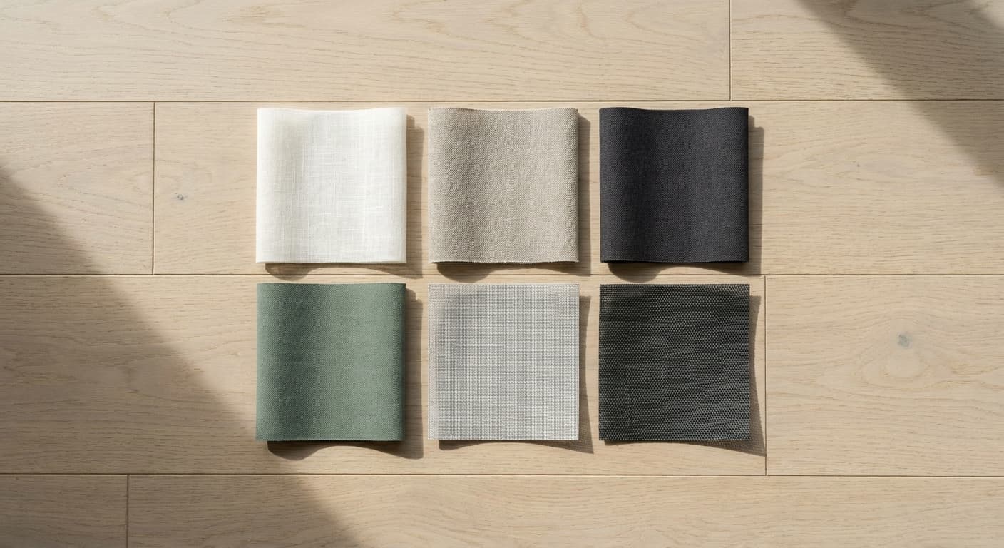 Flat-lay of blockout, sunscreen, sheer linen and outdoor mesh fabric swatches