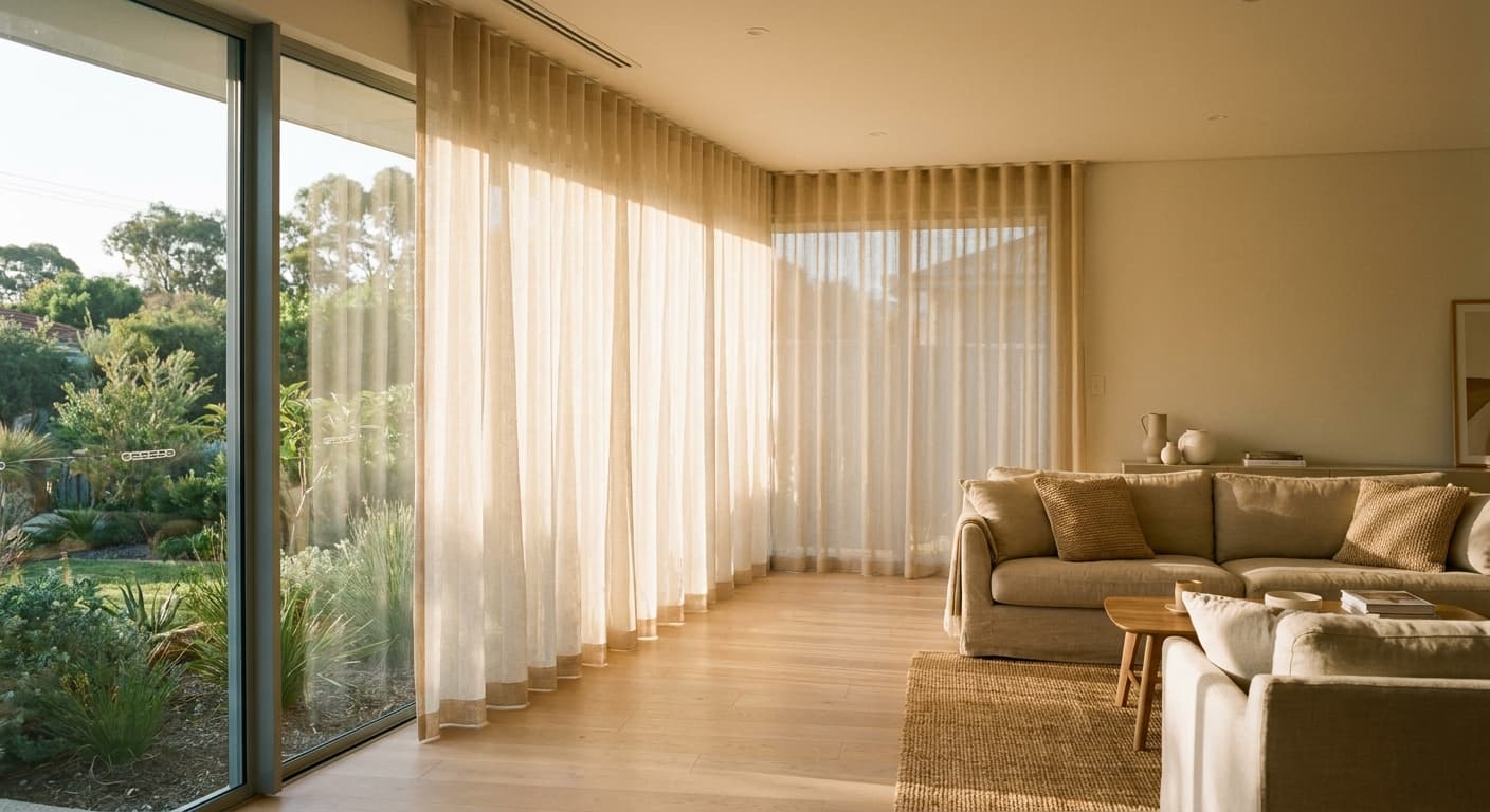 Ivory S-fold sheer curtains filling a sunlit Perth living room with soft afternoon light