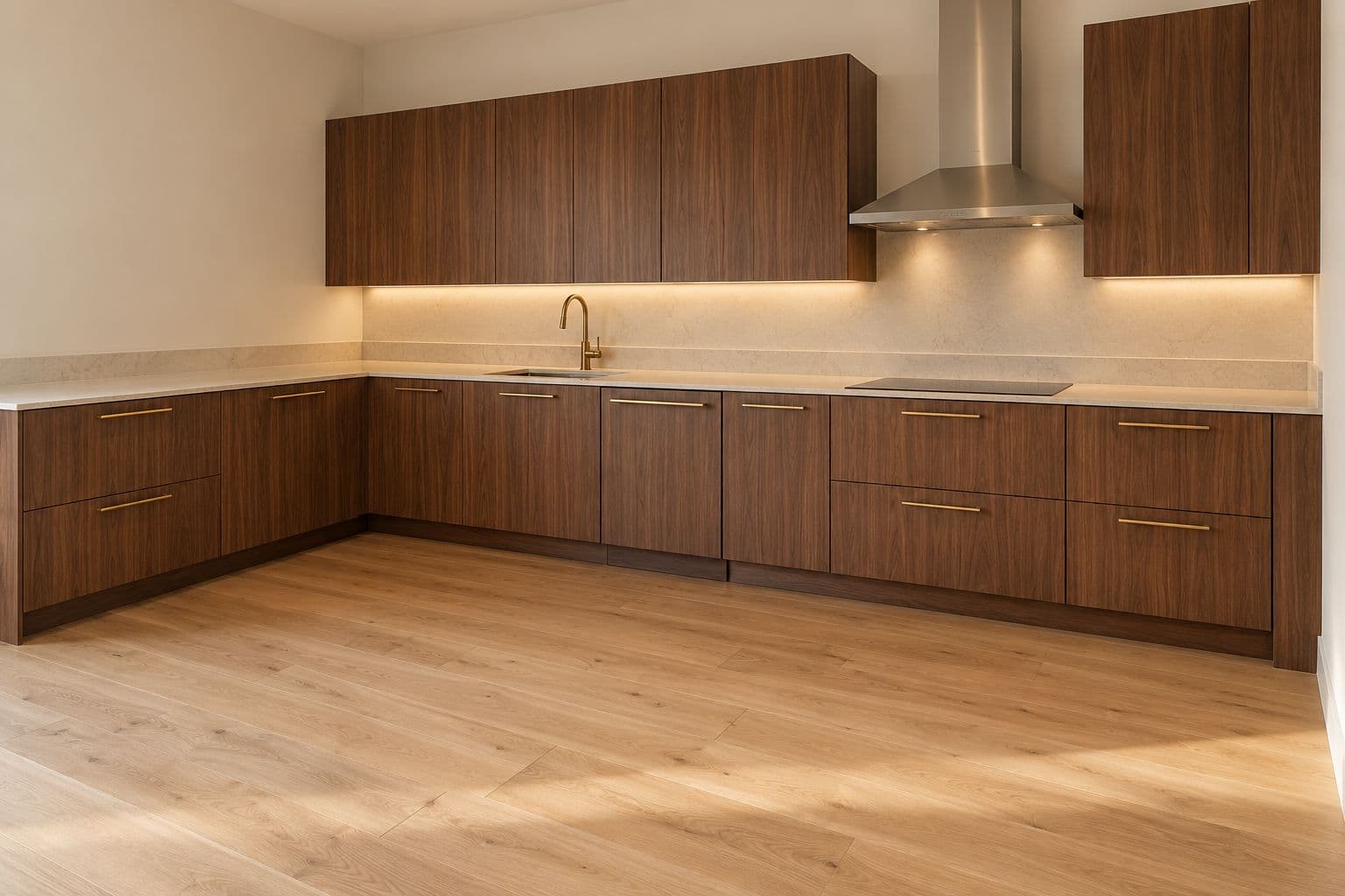 L-shaped kitchen in American walnut veneer with a pale stone-look benchtop