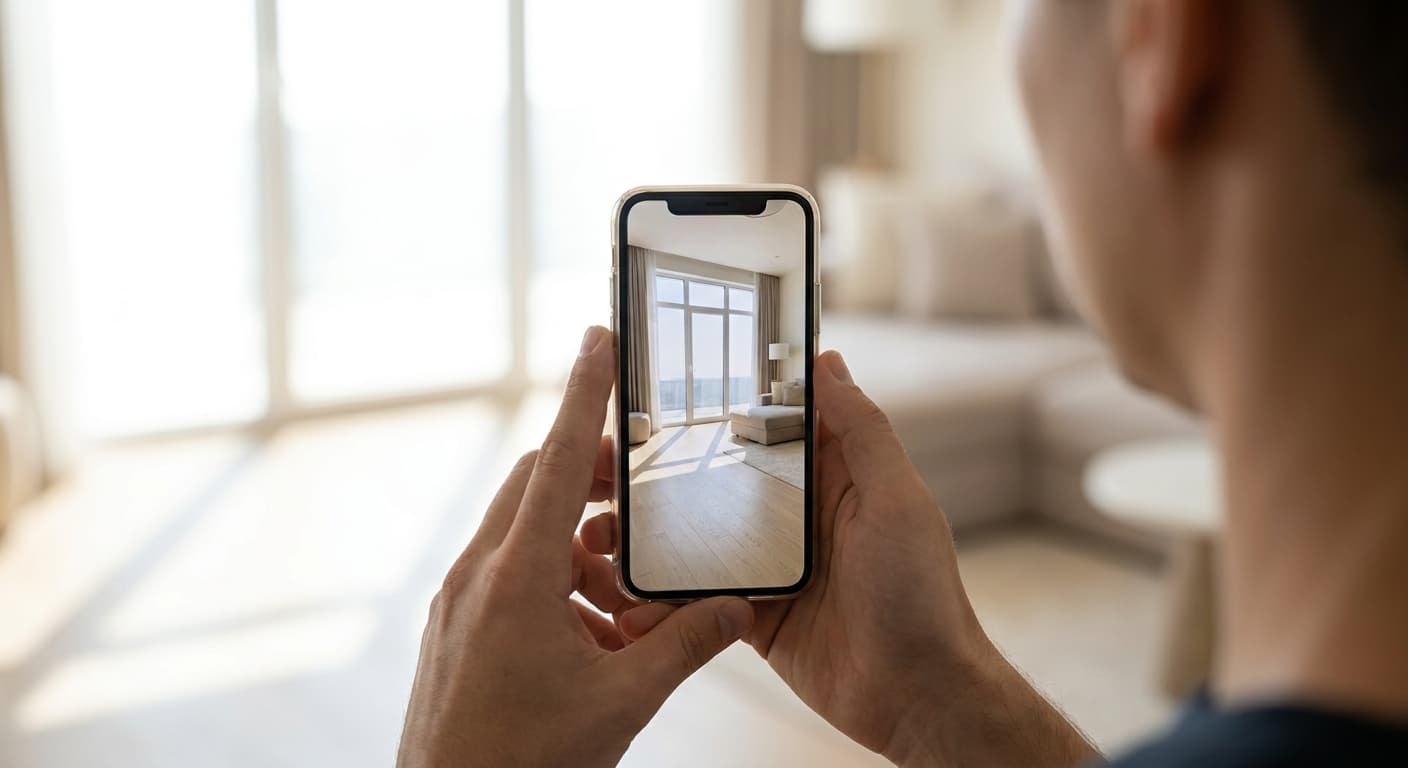 Someone photographing a living room window with a phone to measure it