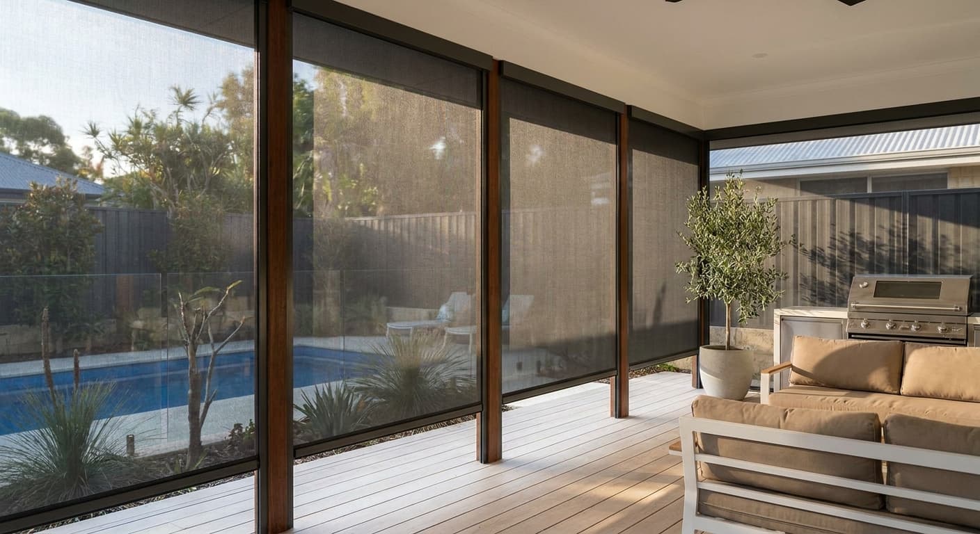 Charcoal outdoor zip-track blinds lowered across a Perth alfresco patio