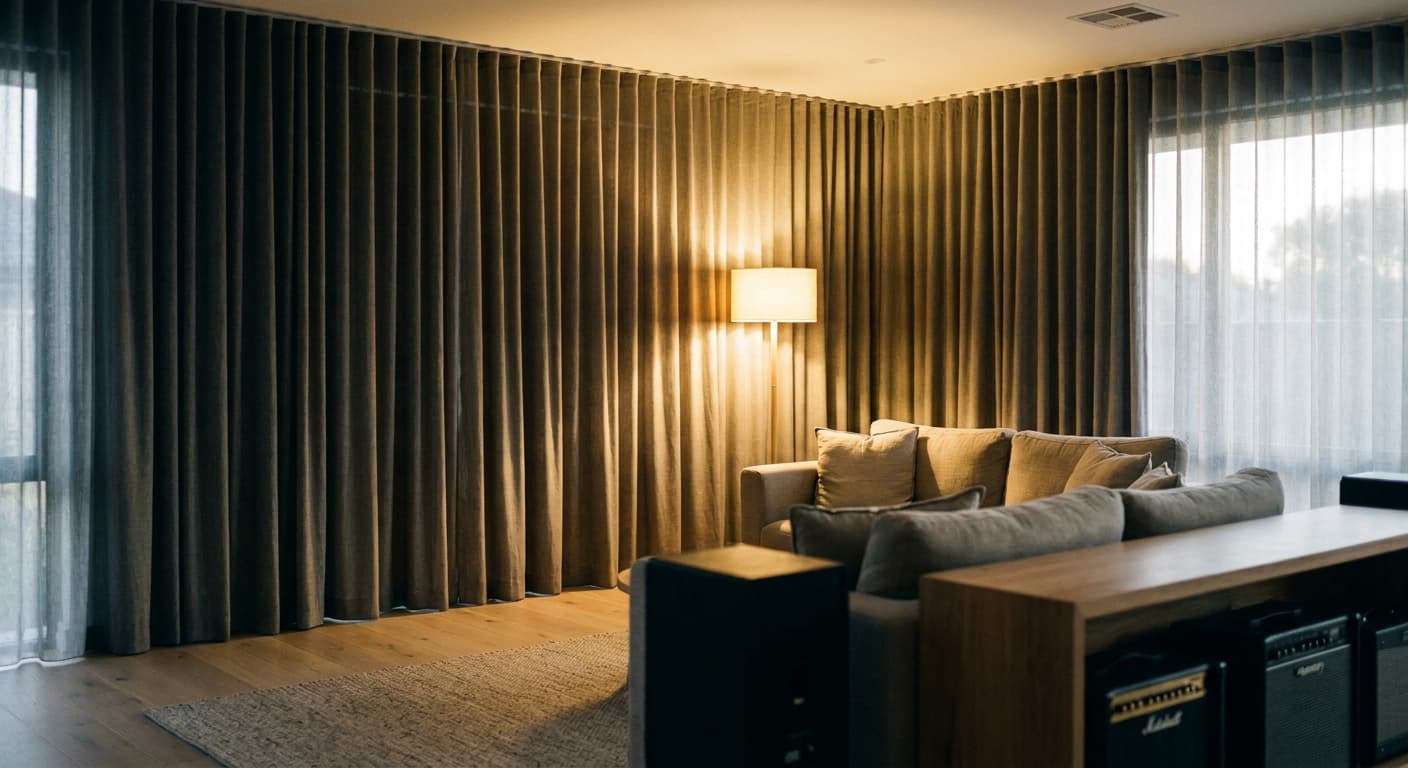 Stone grey S-fold blockout curtains drawn closed in a media room