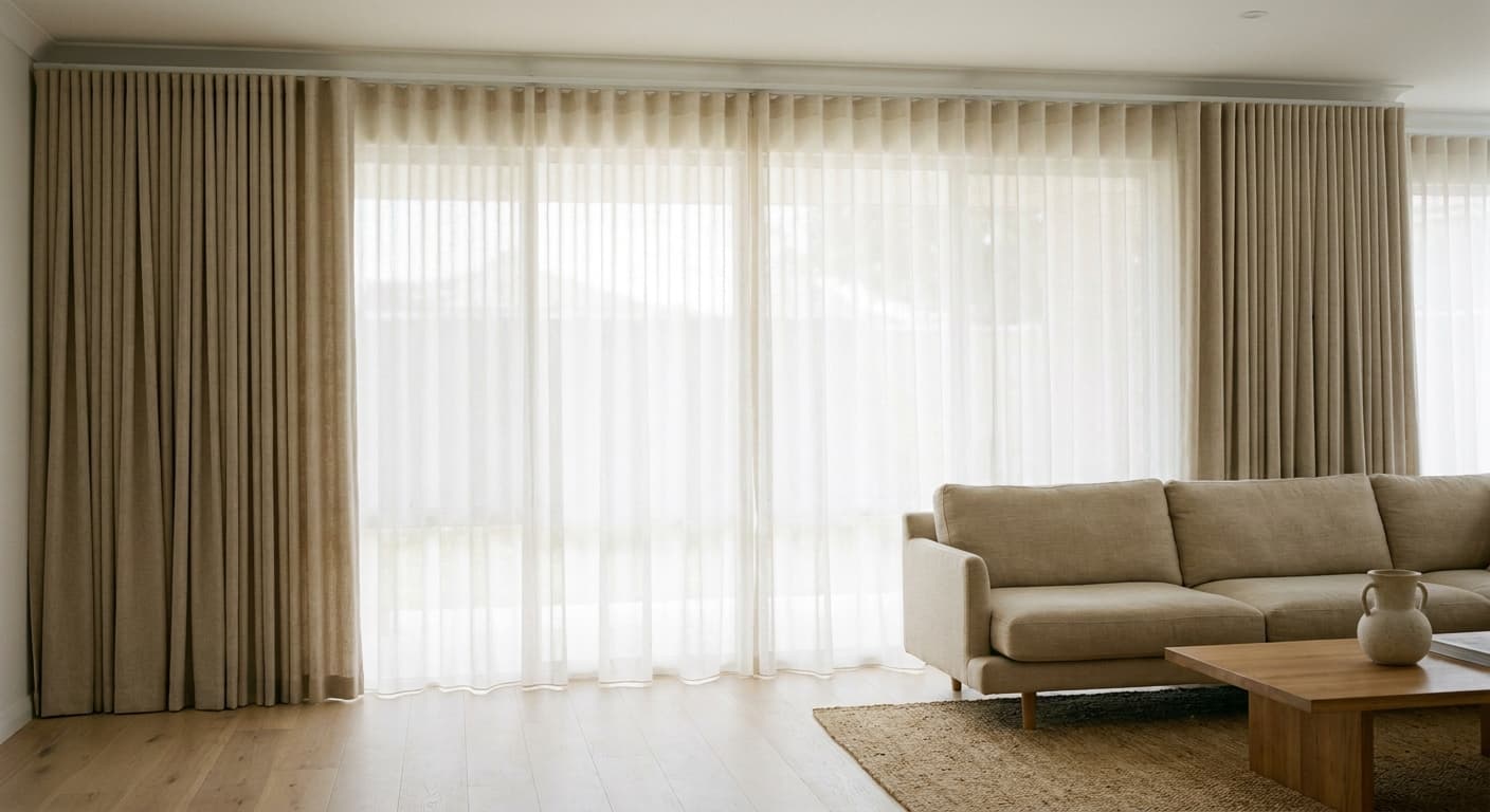Double curtain track with a sheer layer closed and blockout curtains stacked open